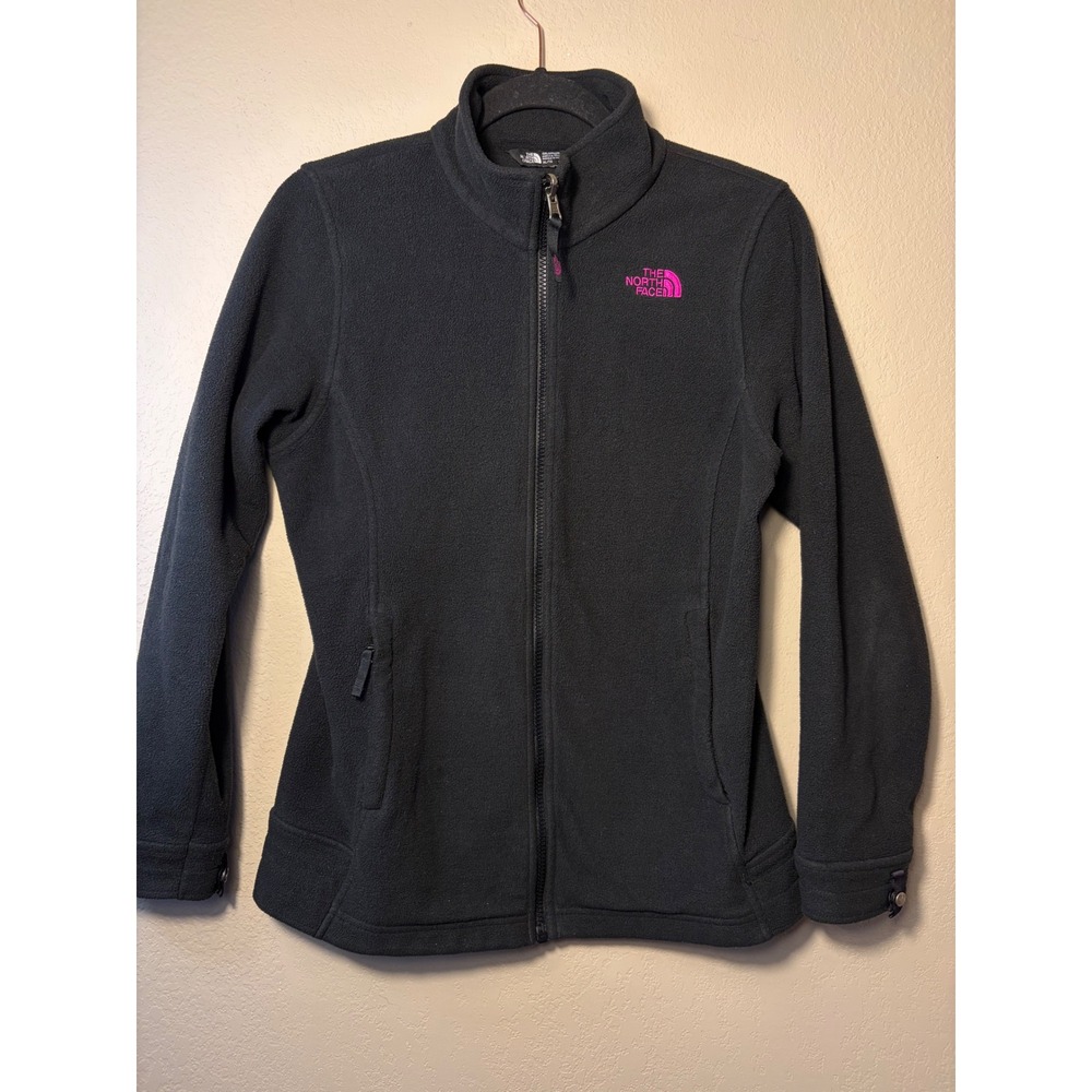 The North Face Girls XL Black Full Zip Fleece Jacket Pink Logo Mock Neck